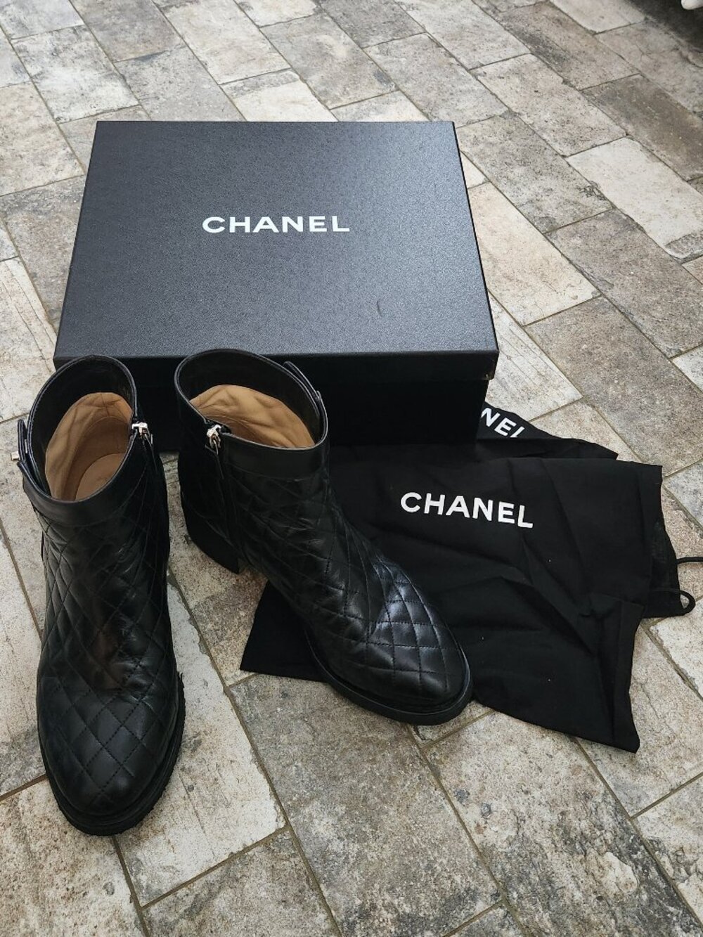 Chanel Black Quilted Calfskin Short Boots, Authentic